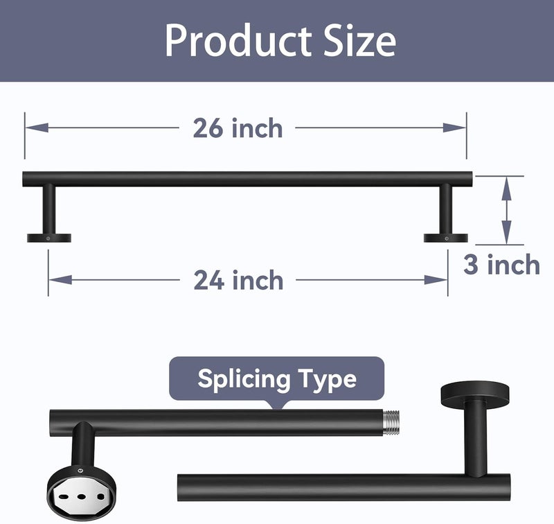 Bubxo Matte Black Towel Bar, 24 Inch Bathroom Towel Rack (Total Length 26-Inch), Towel Holder Wall Mounted, Thicken SUS304 Stainless Steel Towel Rod Modern Home Decor - Image 2